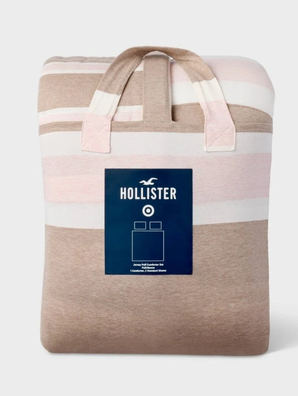 Full/Queen Hollister Cali Reversible Jersey Puff Comforter Set Pink/Brown Stripe